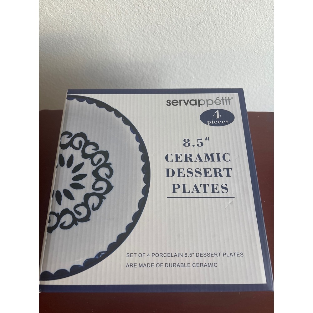 Servappetit 8.5" Ceramic Dessert Plates Set of 4 Blue White Porcelain New